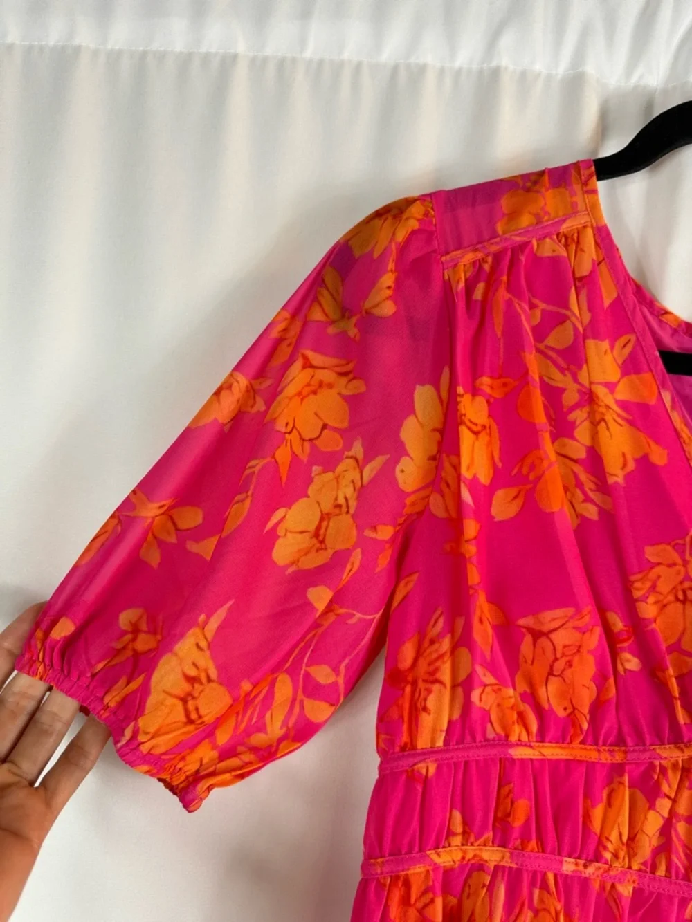 FLORAL MIDI DRESS FOR SUMMER GATHERINGS size: S color: pink-orange floral print - Picture 7 of 17